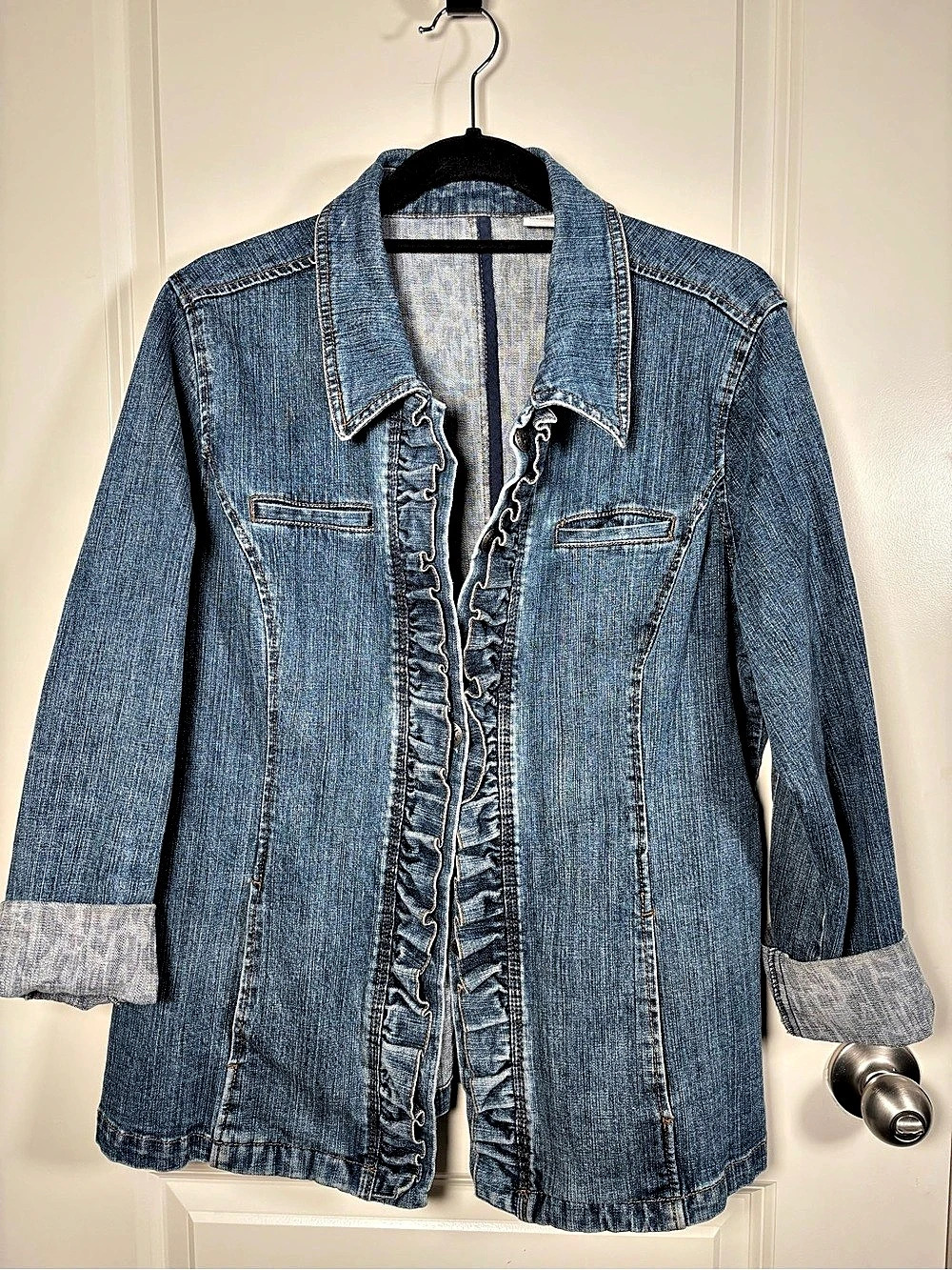 Ruffle Trim Denim Jacket in Blue Size XXL